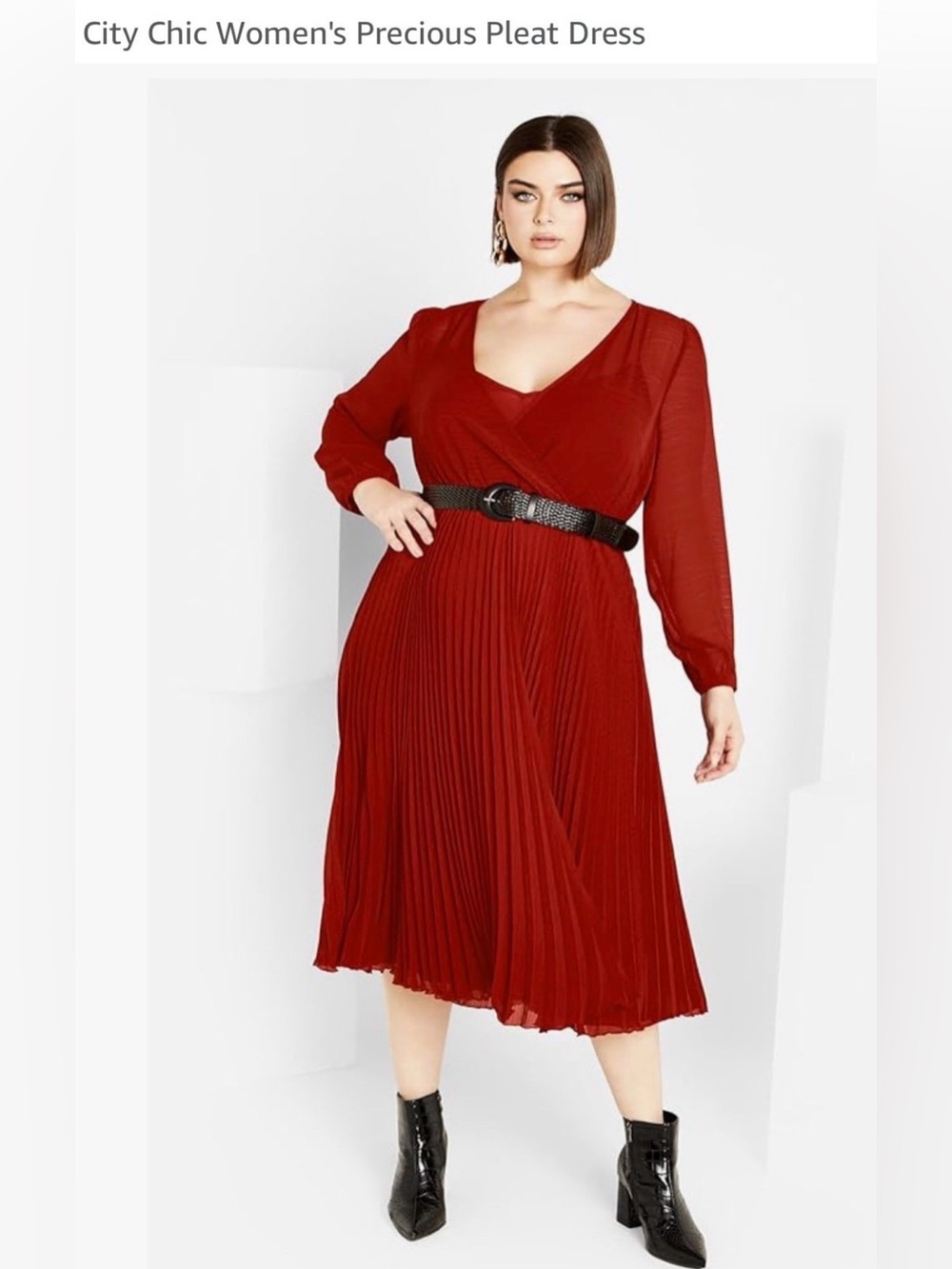 City Chic PLUS SIZE Burgundy Long Sleeve Pleated Midi Dress